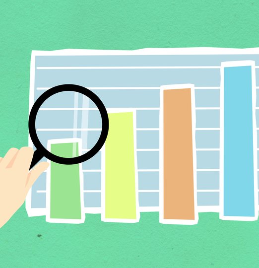 Illustration of a hand using a magnifying glass over a colorful bar chart on green background